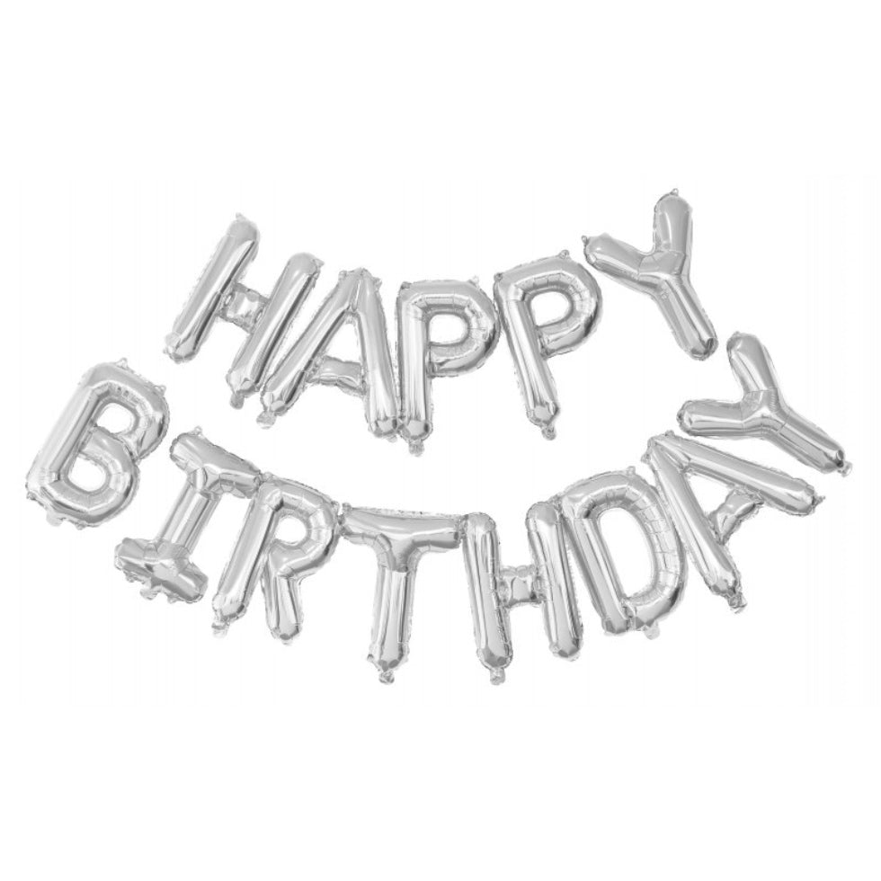 Ballon Mylar Happy Birthday-Argent-Tim&Puce-anniversaire adulte-argenté-lettres accrochées 