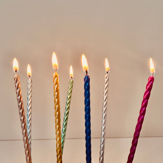 bougies métalliques-tourbillon-or-bleu-argent-rose-vert-fête anniversaire