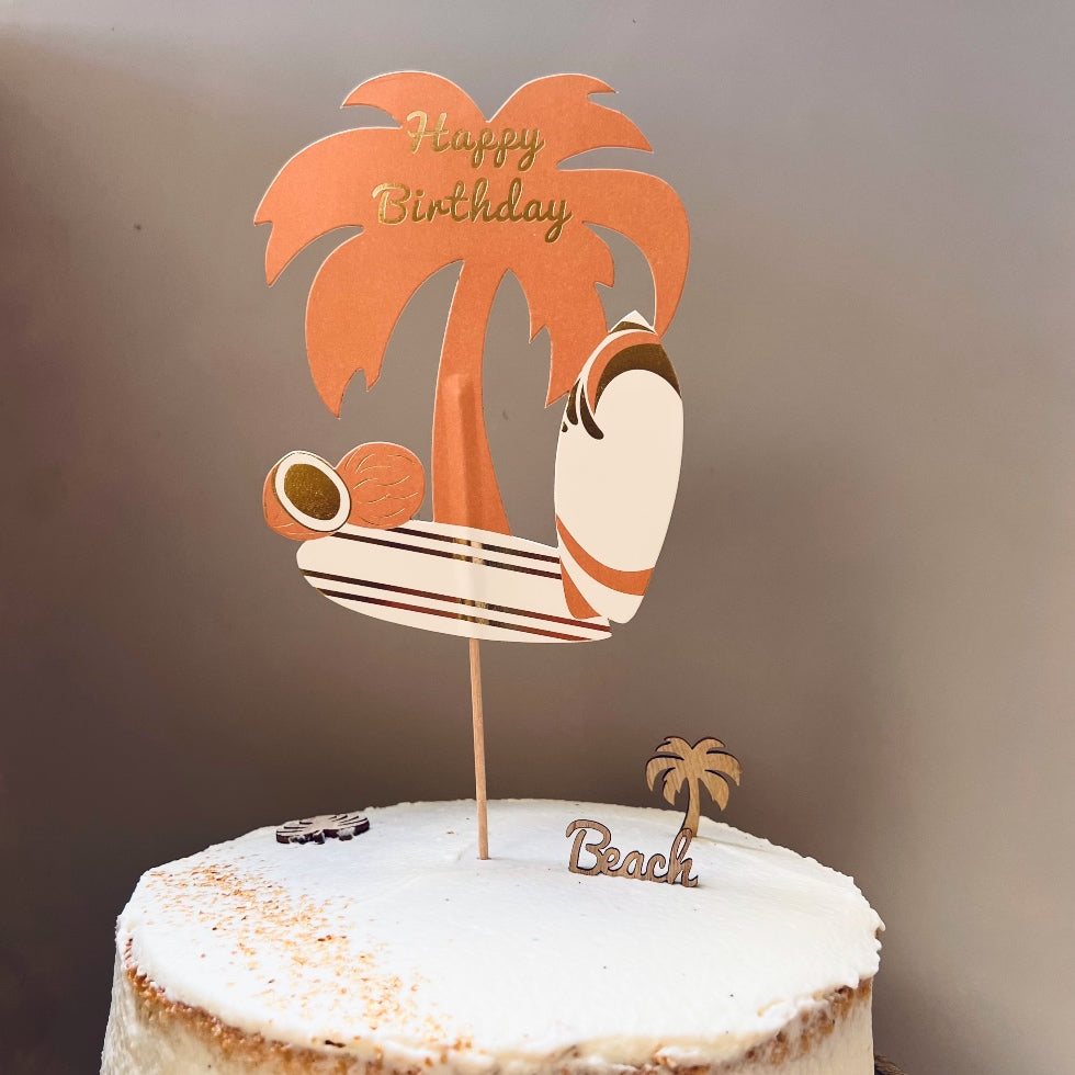 Cake topper gâteau - camel, ivoire et or - anniversaire adulte - thème île - antilles - surf - plage