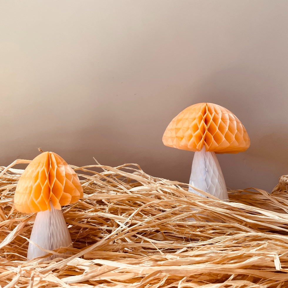 Champignon décoratif en papier écologique - orange et blanc - dôme - paille - magique - décorations fêtes 