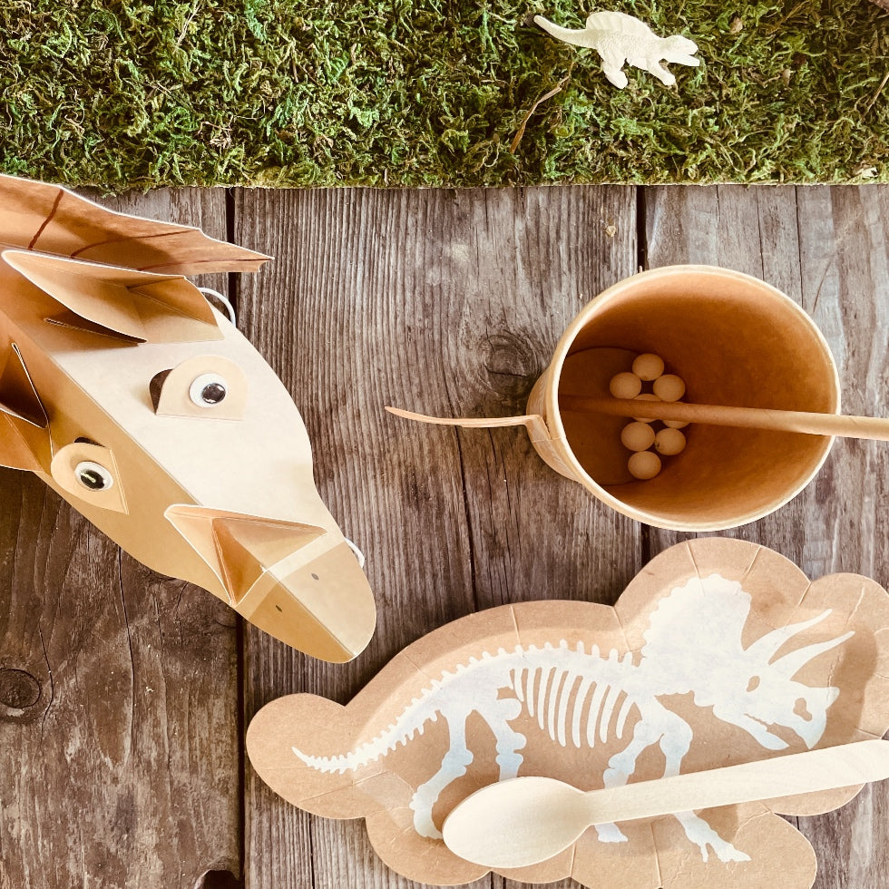 Mise en scène anniversaire dinosaure - assiette en carton - gobelet - paille - chapeau - table en bois - 