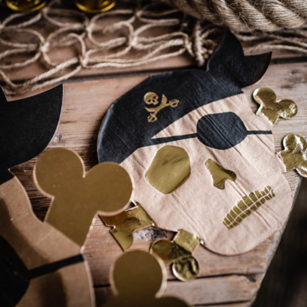 Serviettes de table pirate - anniversaire enfants - tête de mort noire et or